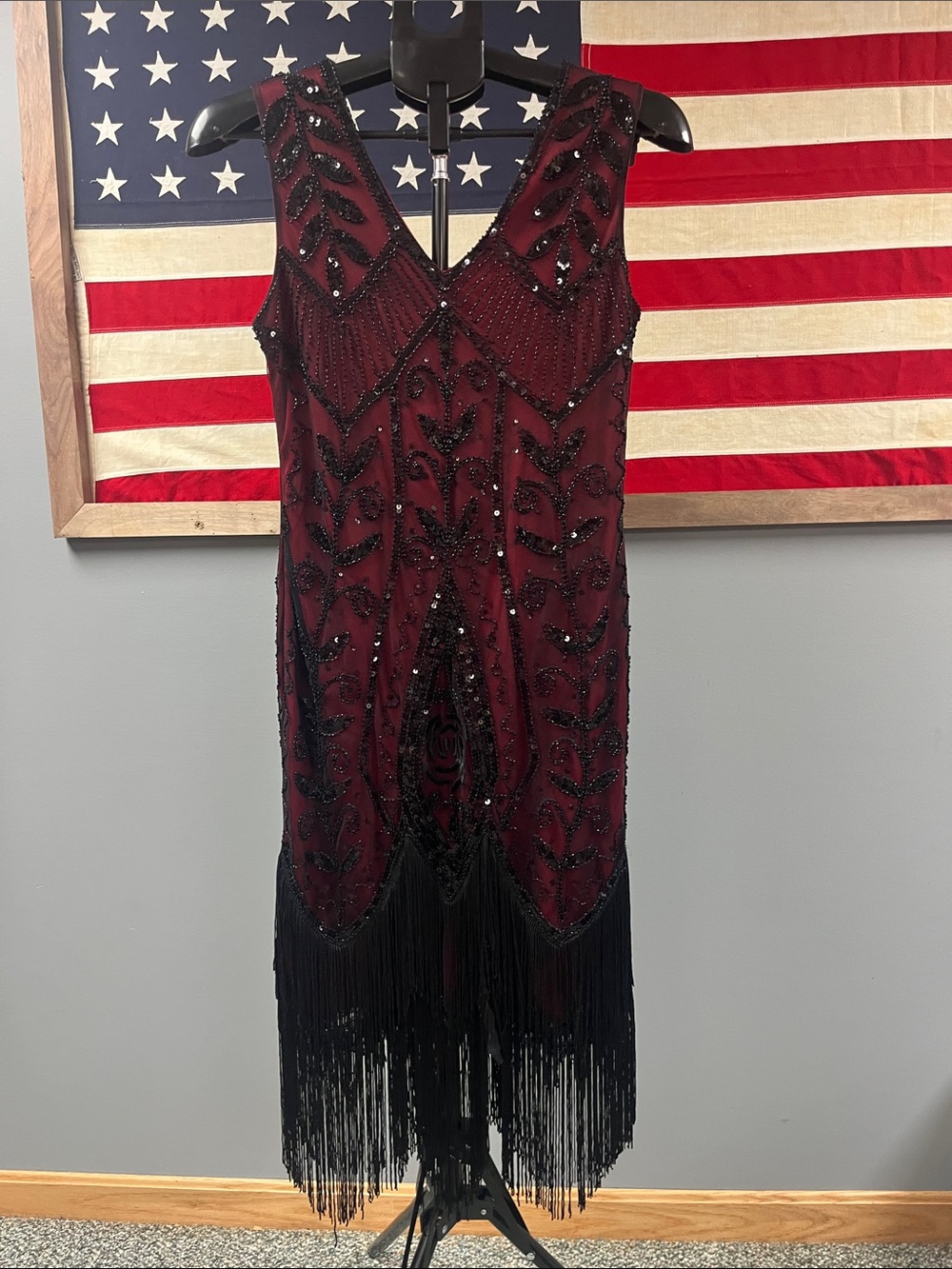 Embellished Burgundy Fringe Flapper Midi Dress